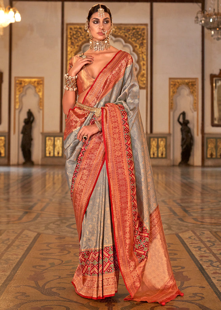 Rhino Grey Banarasi Silk Saree with Rich Patola Design and Zari Highlights