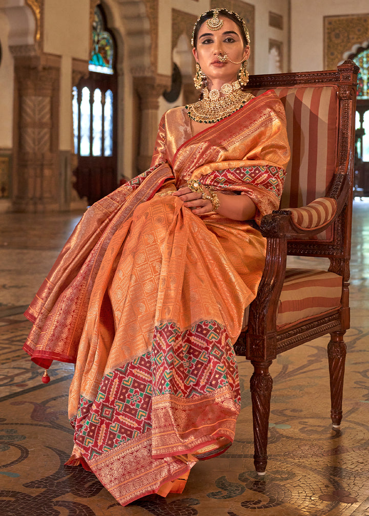 Peach Orange Banarasi Silk Saree with Rich Patola Design and Zari Highlights