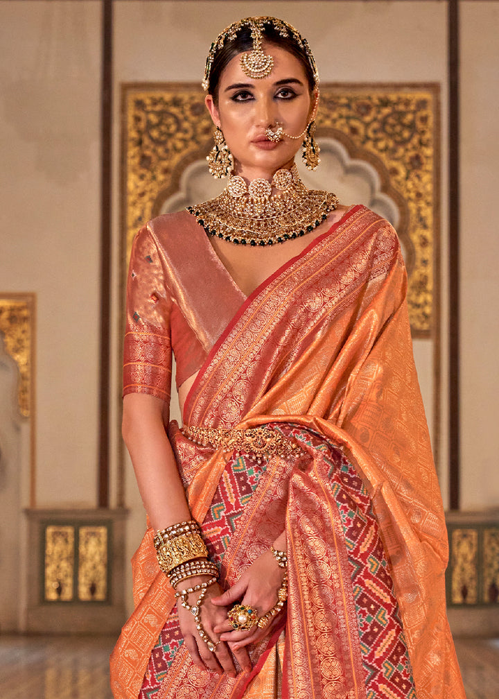 Peach Orange Banarasi Silk Saree with Rich Patola Design and Zari Highlights