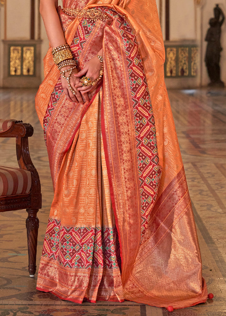 Peach Orange Banarasi Silk Saree with Rich Patola Design and Zari Highlights