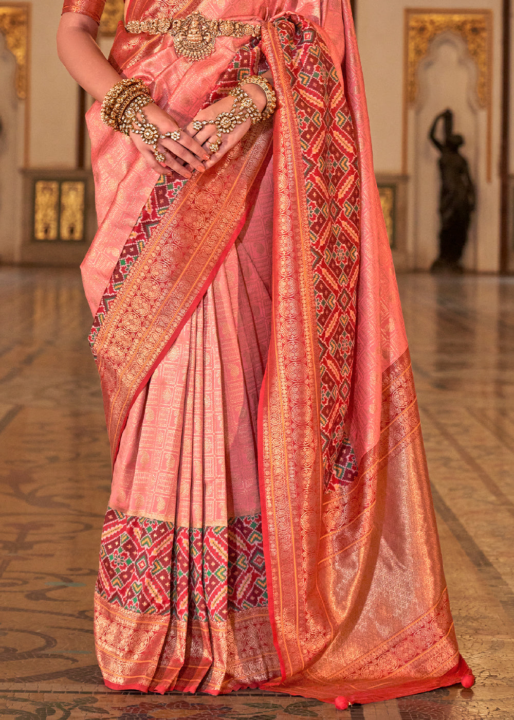 Light Pink Banarasi Silk Saree with Rich Patola Design and Zari Highlights