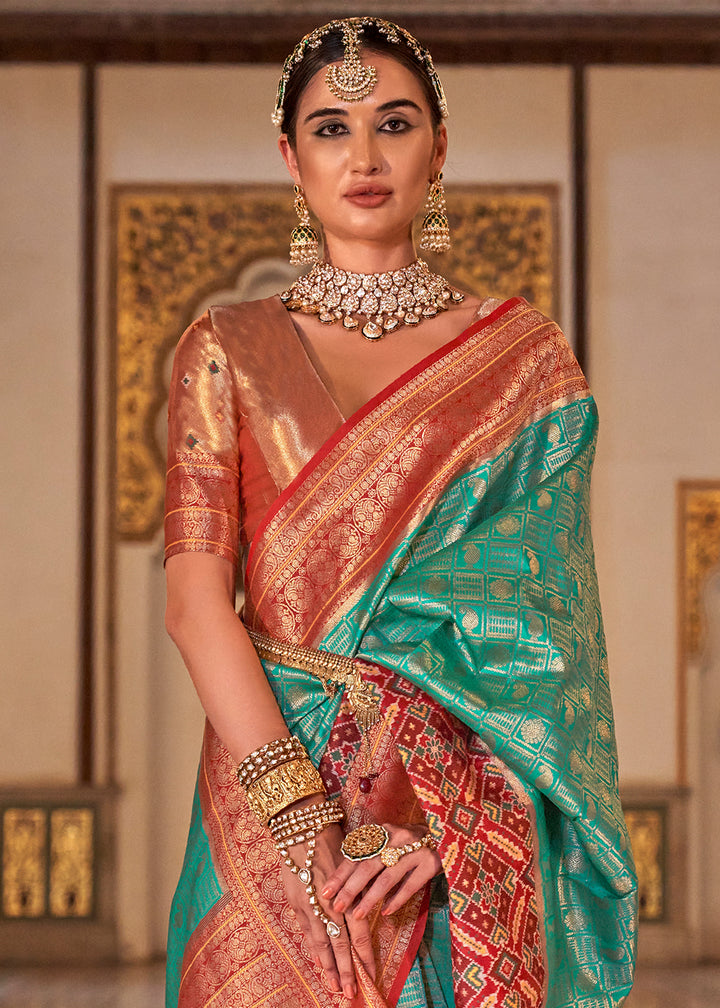 Tiffany Blue Banarasi Silk Saree with Rich Patola Design and Zari Highlights