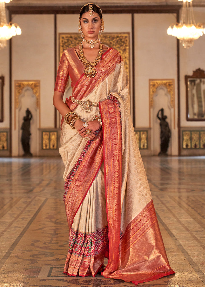 Cream White Banarasi Silk Saree with Rich Patola Design and Zari Highlights