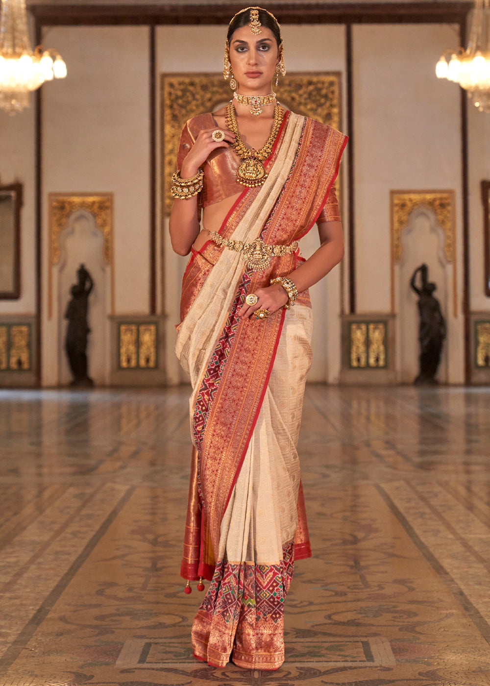 Cream White Banarasi Silk Saree with Rich Patola Design and Zari Highlights