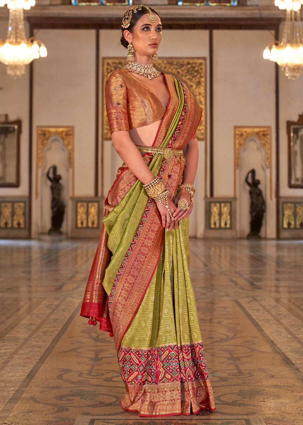 Light Olive Green Banarasi Silk Saree with Rich Patola Design and Zari Highlights