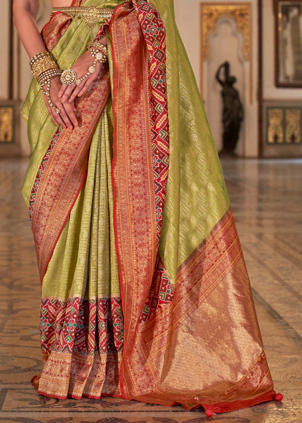 Light Olive Green Banarasi Silk Saree with Rich Patola Design and Zari Highlights