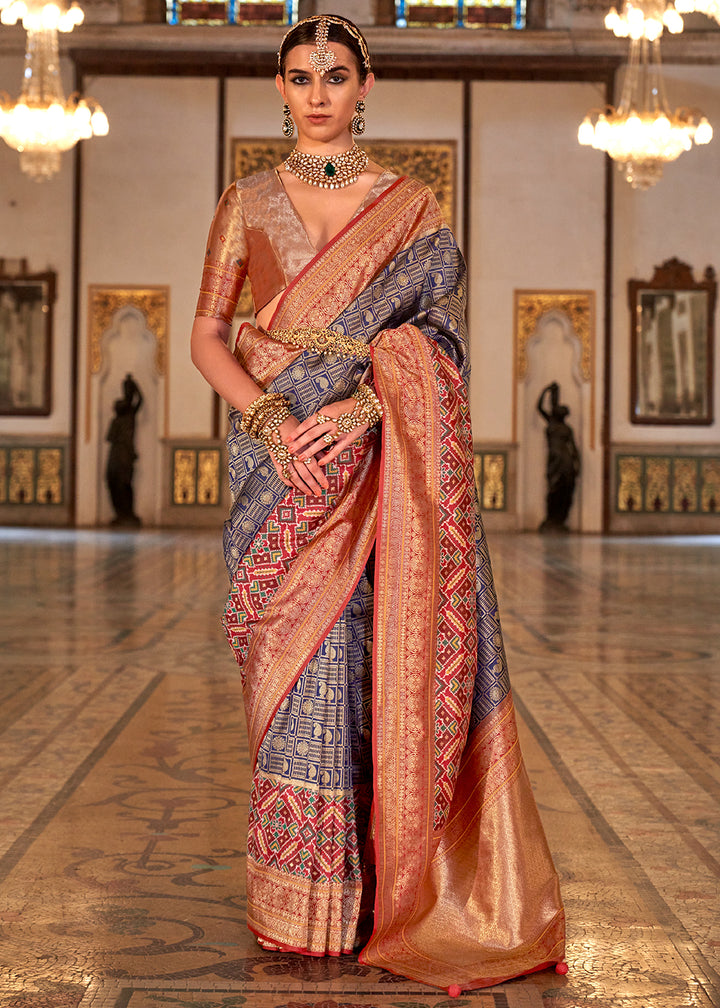 Air Force Blue Banarasi Silk Saree with Rich Patola Design and Zari Highlights