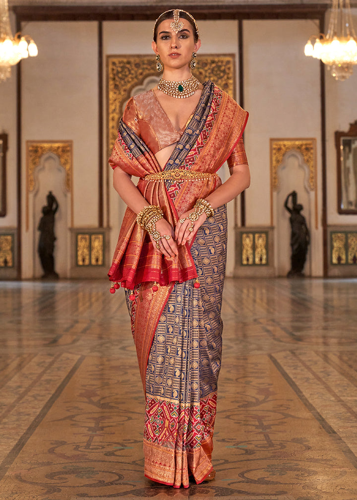 Air Force Blue Banarasi Silk Saree with Rich Patola Design and Zari Highlights