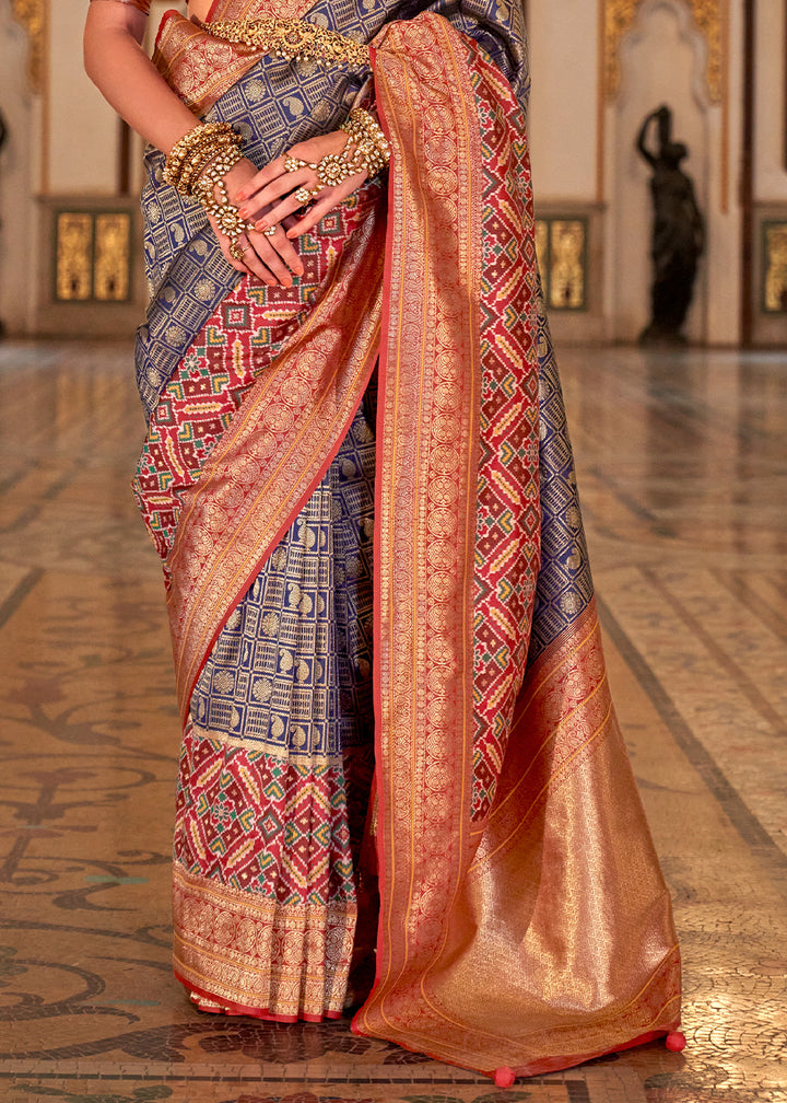 Air Force Blue Banarasi Silk Saree with Rich Patola Design and Zari Highlights