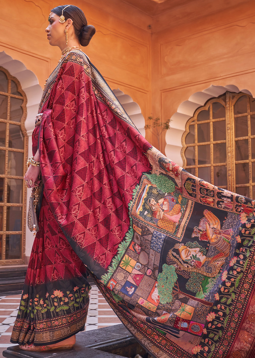 Shades of Pink Silk Saree with Swarovski Embellishments and Unique Figure Motifs