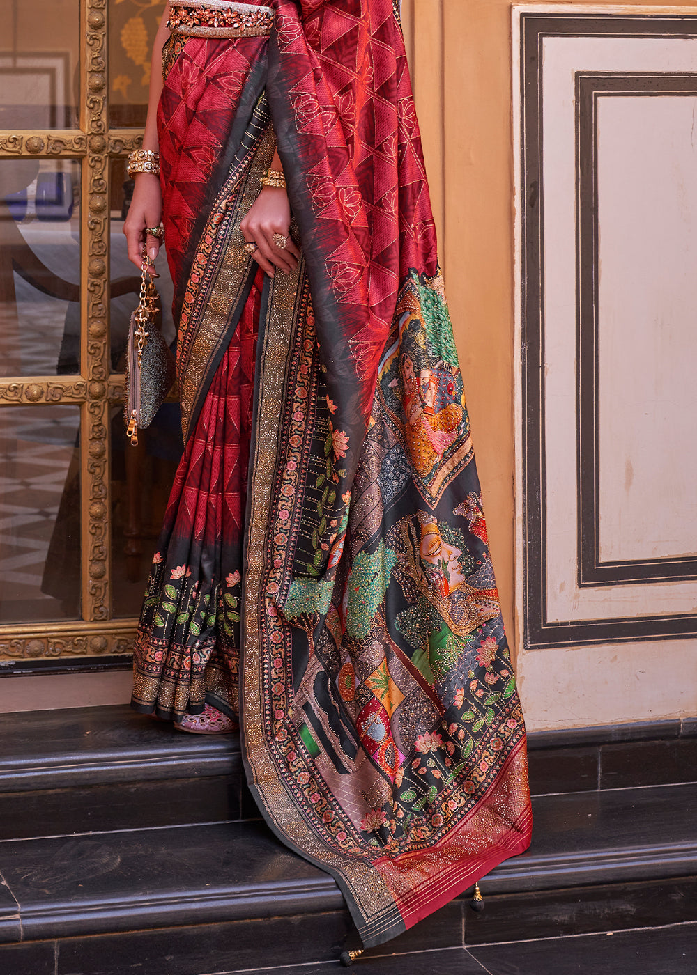 Shades of Pink Silk Saree with Swarovski Embellishments and Unique Figure Motifs