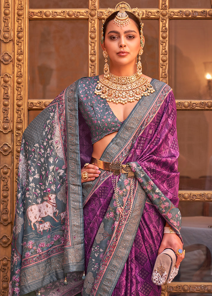 Purple & Grey Silk Saree with Swarovski Embellishments and Unique Figure Motifs