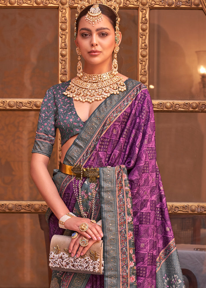 Purple & Grey Silk Saree with Swarovski Embellishments and Unique Figure Motifs