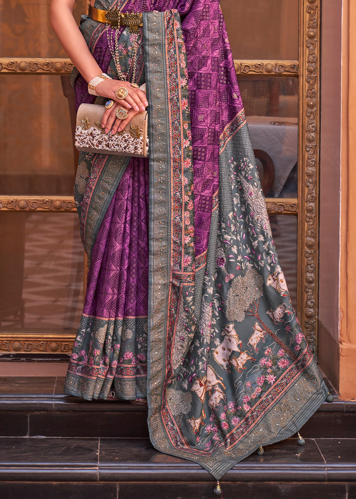 Purple & Grey Silk Saree with Swarovski Embellishments and Unique Figure Motifs