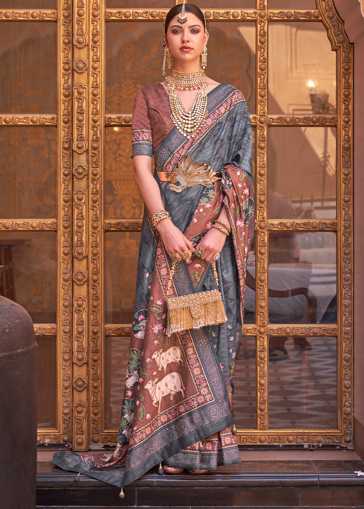 Anchor Grey Silk Saree with Swarovski Embellishments and Unique Figure Motifs