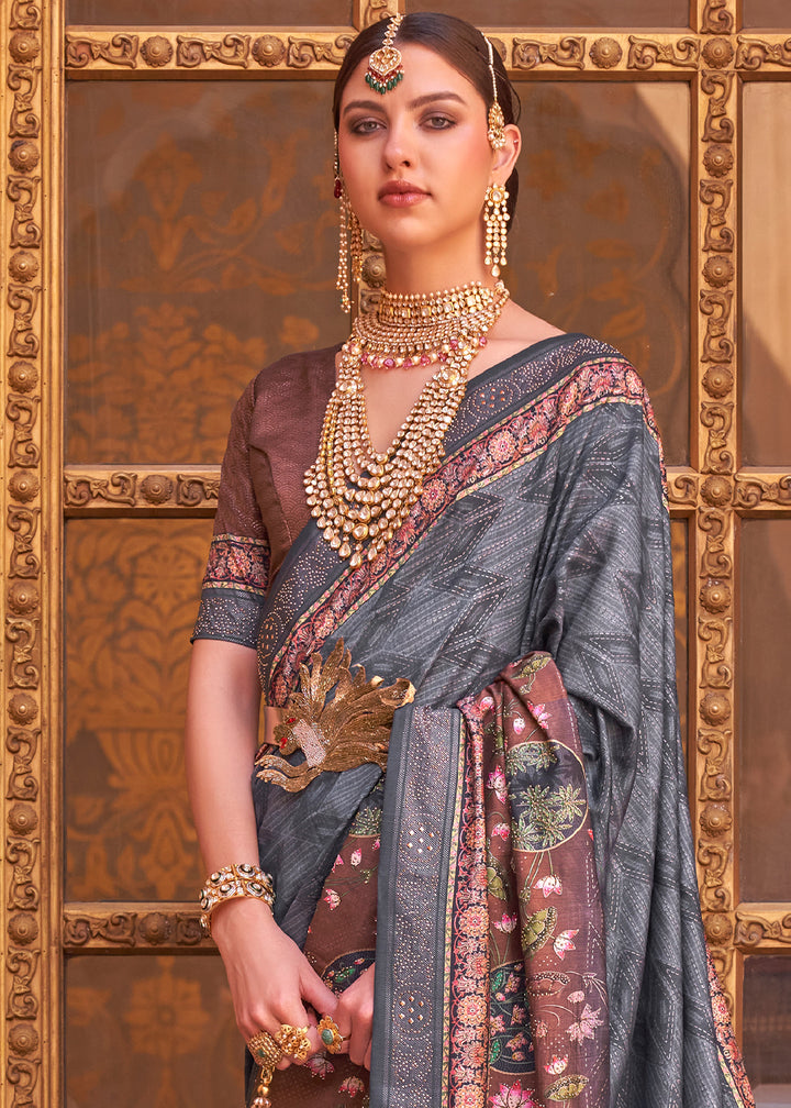 Anchor Grey Silk Saree with Swarovski Embellishments and Unique Figure Motifs