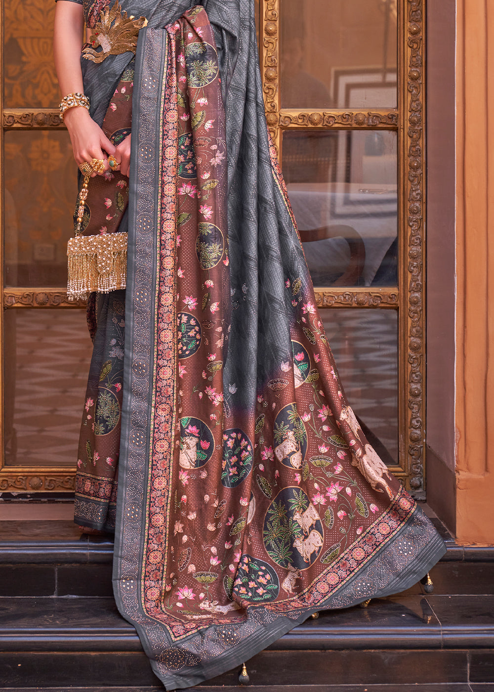 Anchor Grey Silk Saree with Swarovski Embellishments and Unique Figure Motifs