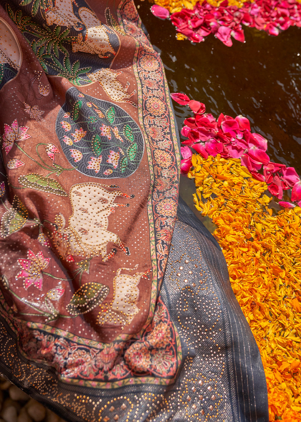 Anchor Grey Silk Saree with Swarovski Embellishments and Unique Figure Motifs