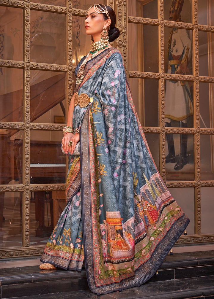 Greyish Blue Silk Saree with Swarovski Embellishments and Unique Figure Motifs