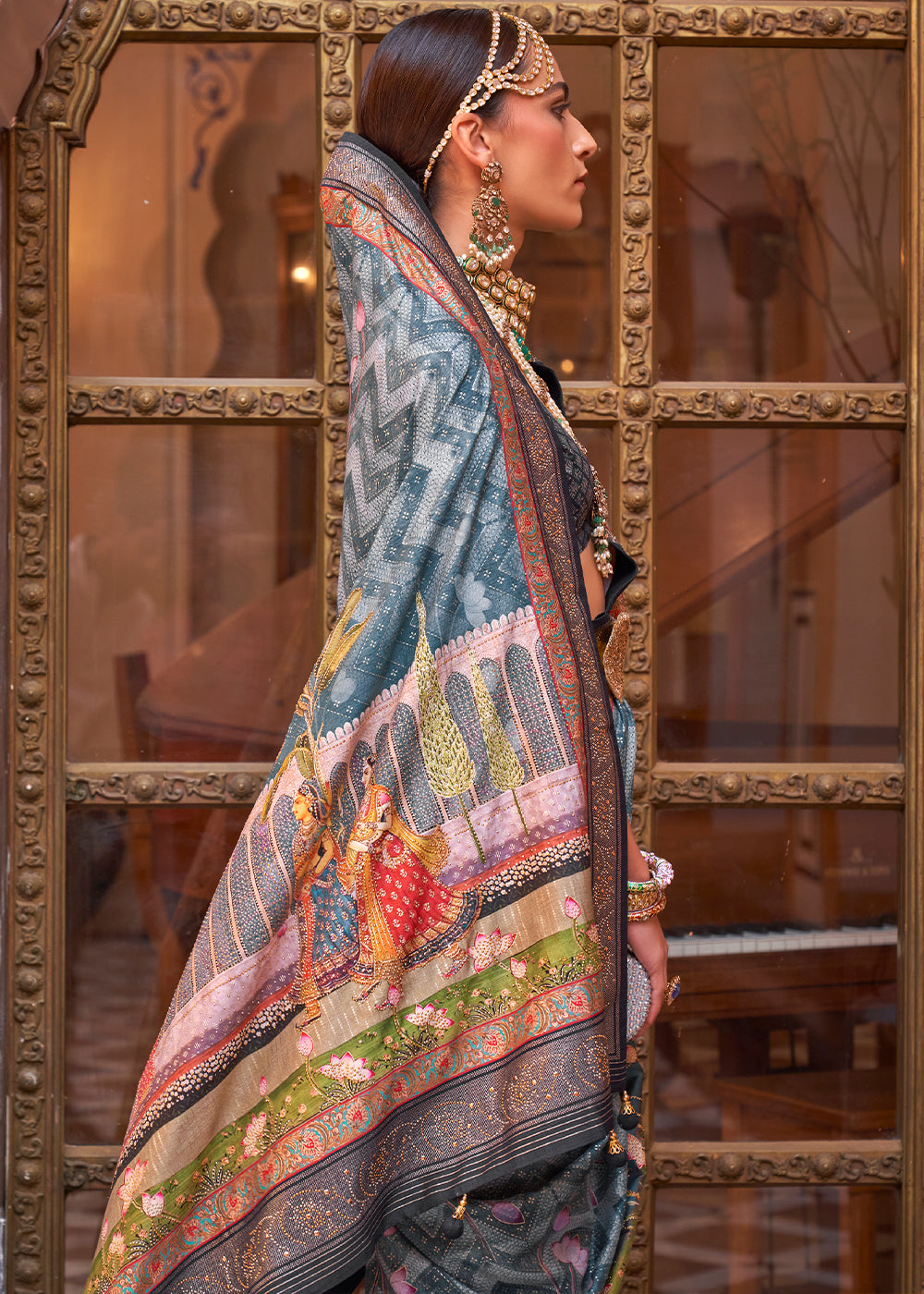 Greyish Blue Silk Saree with Swarovski Embellishments and Unique Figure Motifs