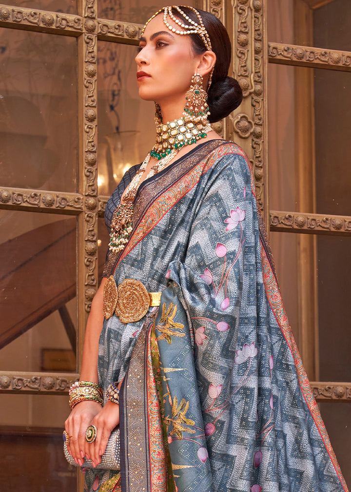 Greyish Blue Silk Saree with Swarovski Embellishments and Unique Figure Motifs