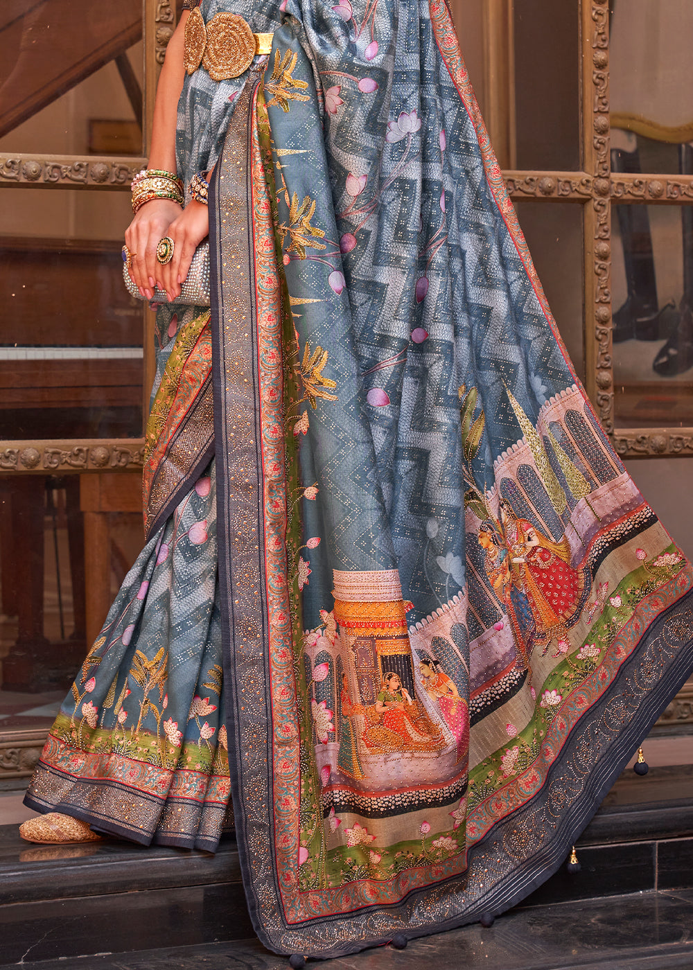 Greyish Blue Silk Saree with Swarovski Embellishments and Unique Figure Motifs