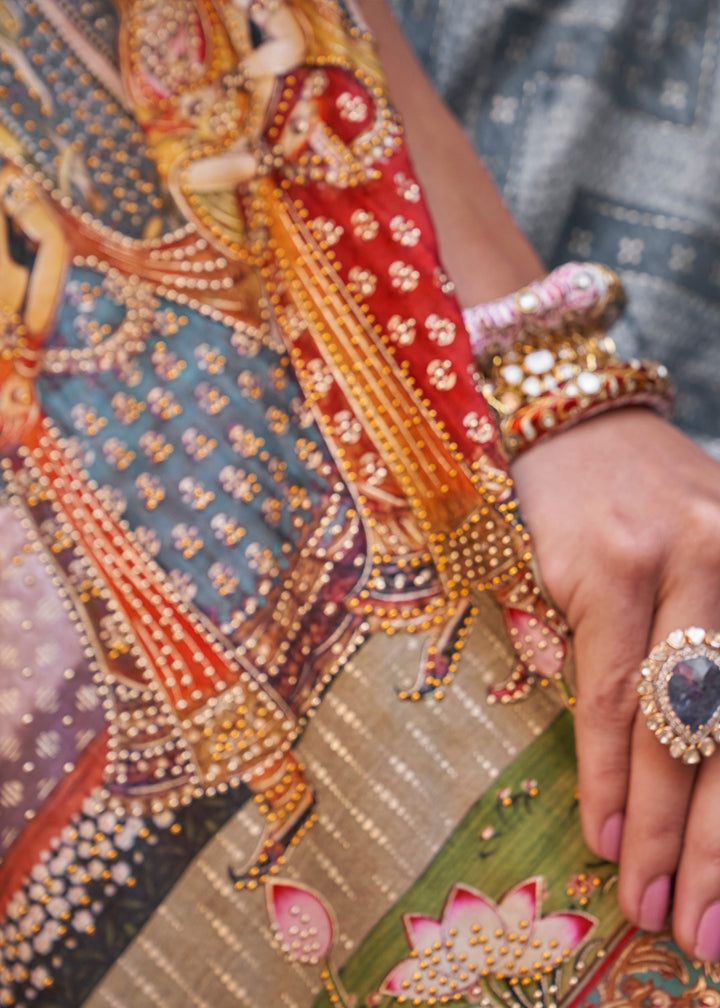 Greyish Blue Silk Saree with Swarovski Embellishments and Unique Figure Motifs