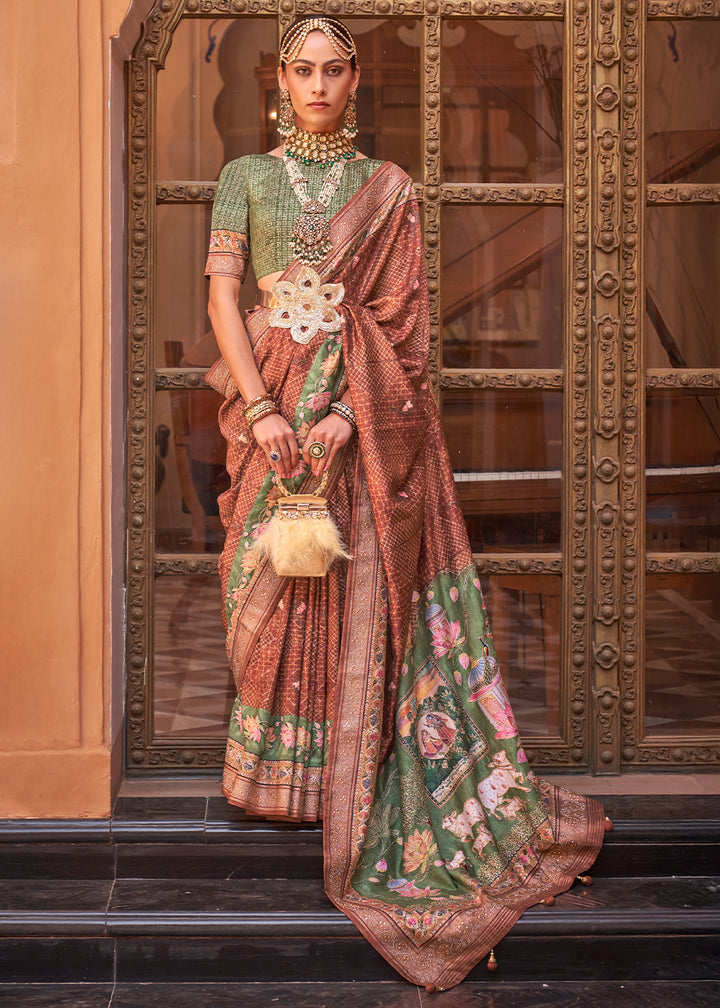 Brown & Green Silk Saree with Swarovski Embellishments and Unique Figure Motifs