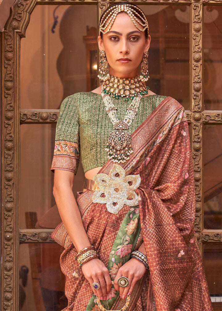 Brown & Green Silk Saree with Swarovski Embellishments and Unique Figure Motifs