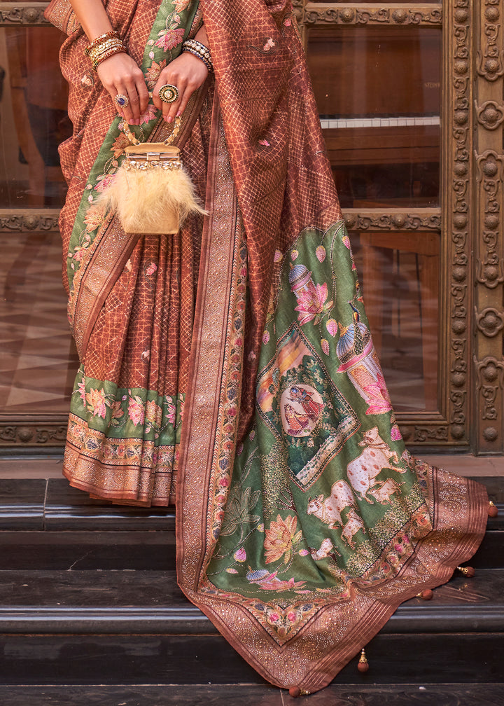 Brown & Green Silk Saree with Swarovski Embellishments and Unique Figure Motifs