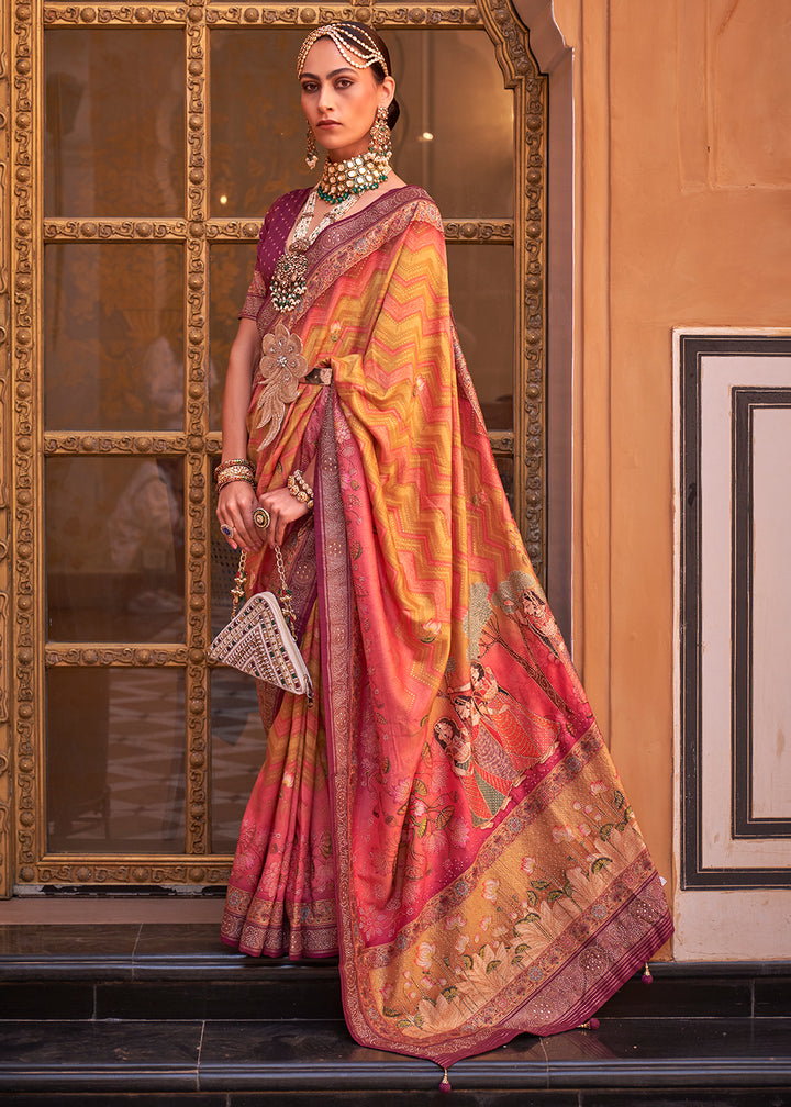 Shades of Yellow & Pink Silk Saree with Swarovski Embellishments and Unique Figure Motifs