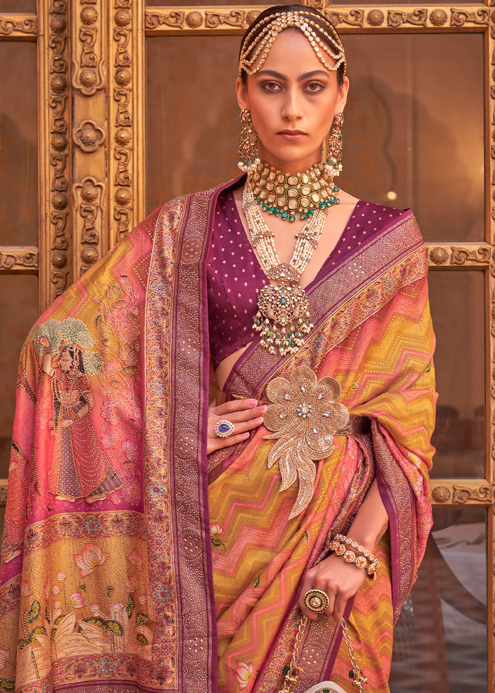 Shades of Yellow & Pink Silk Saree with Swarovski Embellishments and Unique Figure Motifs