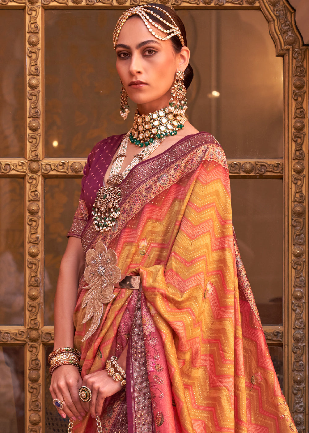 Shades of Yellow & Pink Silk Saree with Swarovski Embellishments and Unique Figure Motifs