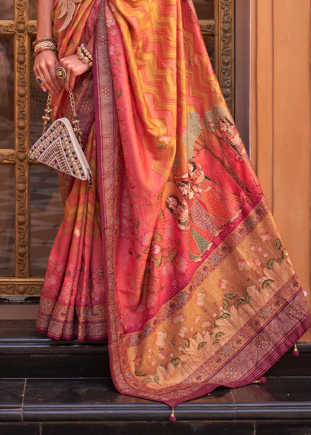 Shades of Yellow & Pink Silk Saree with Swarovski Embellishments and Unique Figure Motifs