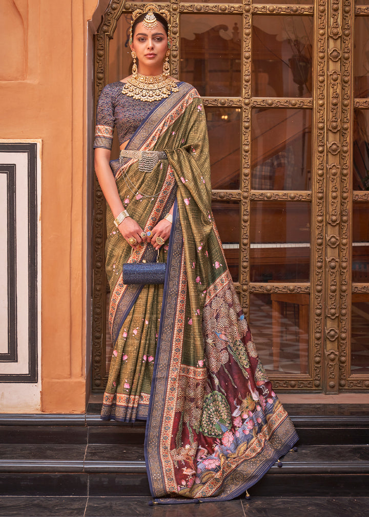 Light Olive Green Silk Saree with Swarovski Embellishments and Unique Figure Motifs