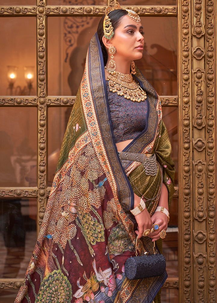 Light Olive Green Silk Saree with Swarovski Embellishments and Unique Figure Motifs