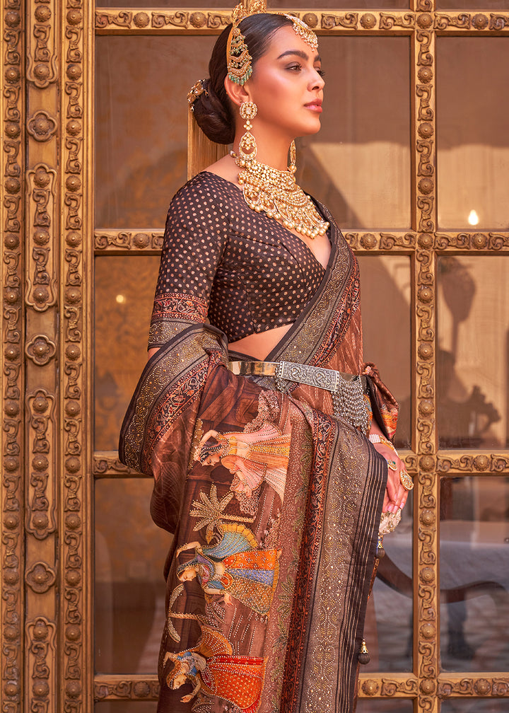 Shades of Brown Silk Saree with Swarovski Embellishments and Unique Figure Motifs