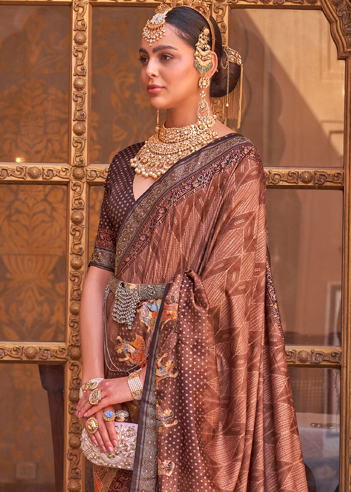 Shades of Brown Silk Saree with Swarovski Embellishments and Unique Figure Motifs