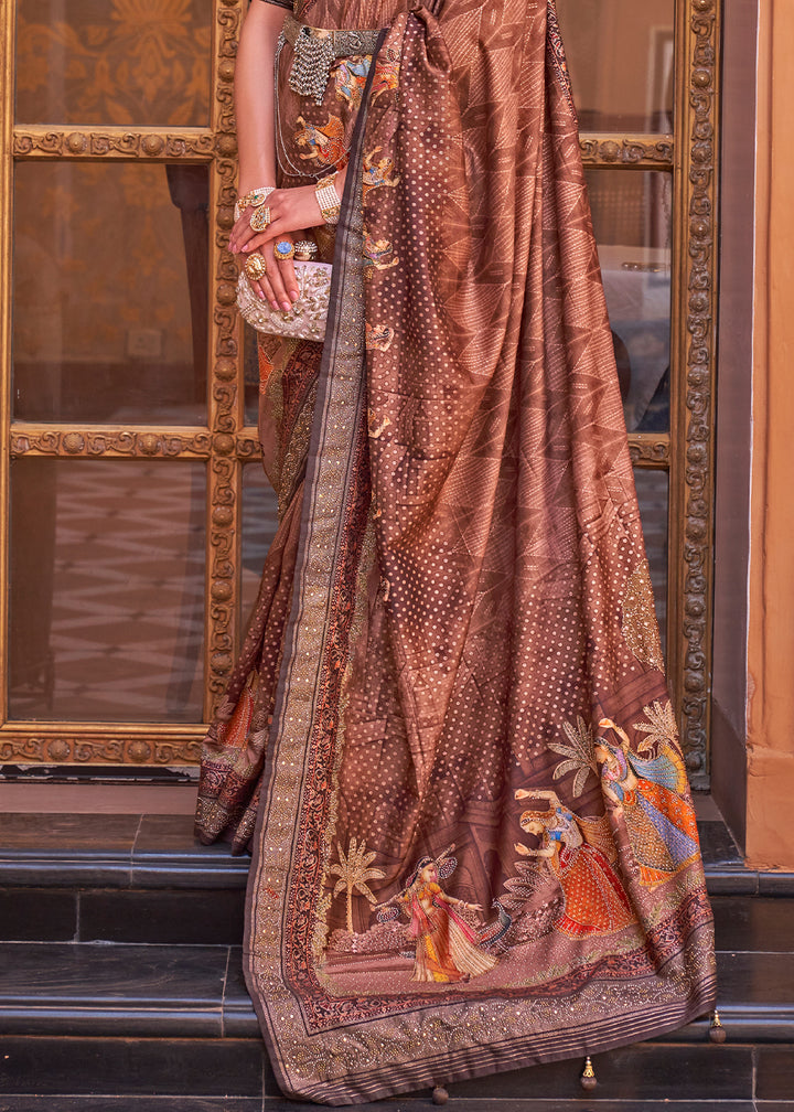 Shades of Brown Silk Saree with Swarovski Embellishments and Unique Figure Motifs