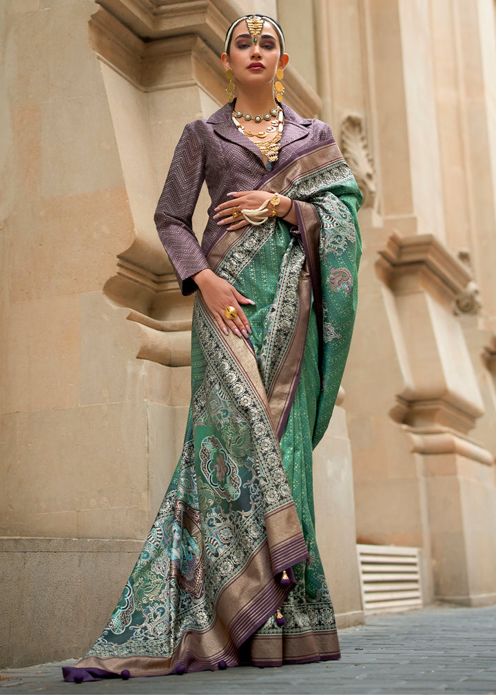 Sea Green Foil Print Viscose Silk Saree with a Stunning Apoxy Finish