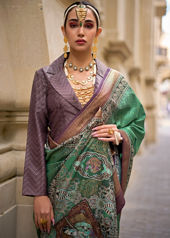 Sea Green Foil Print Viscose Silk Saree with a Stunning Apoxy Finish