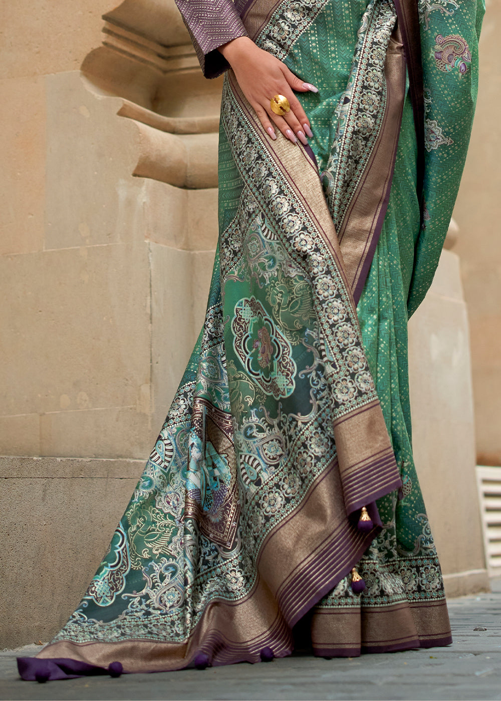 Sea Green Foil Print Viscose Silk Saree with a Stunning Apoxy Finish