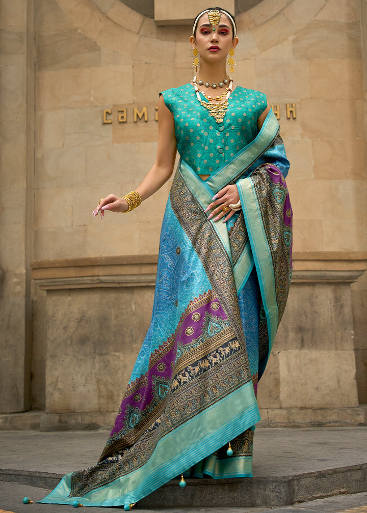 Light Blue Foil Print Viscose Silk Saree with a Stunning Apoxy Finish