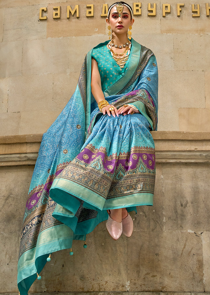 Light Blue Foil Print Viscose Silk Saree with a Stunning Apoxy Finish