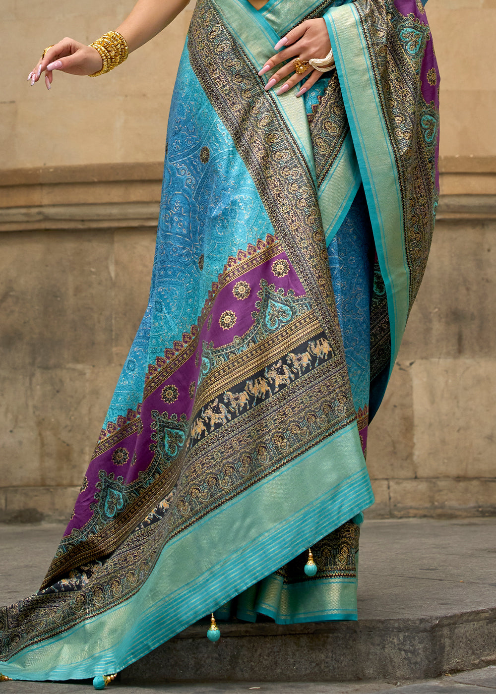 Light Blue Foil Print Viscose Silk Saree with a Stunning Apoxy Finish