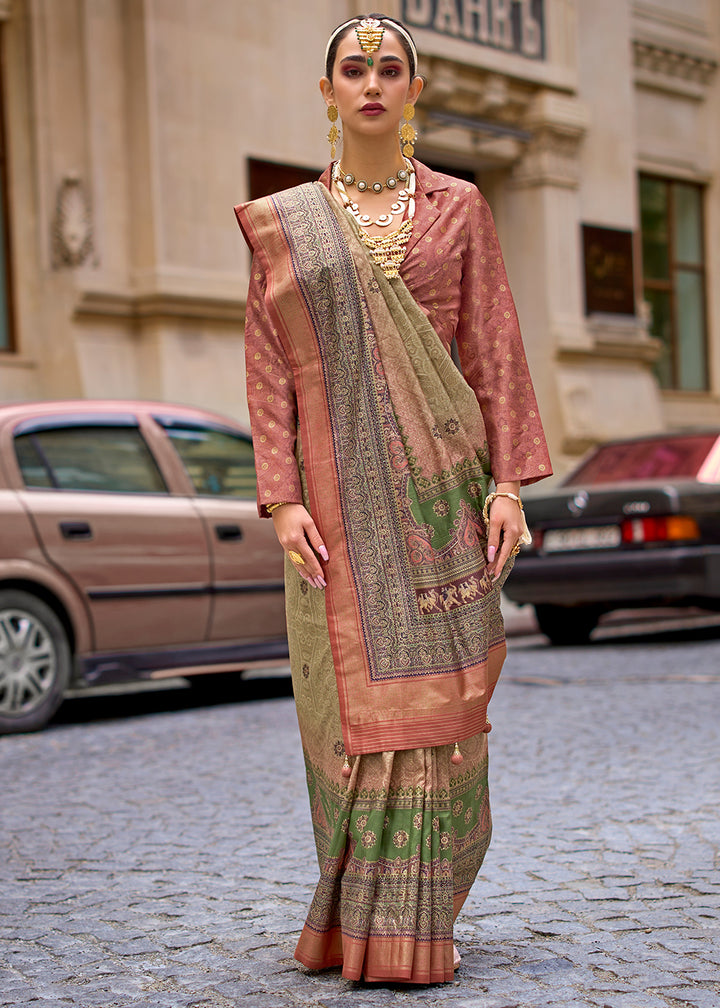 Green & Brown Foil Print Viscose Silk Saree with a Stunning Apoxy Finish