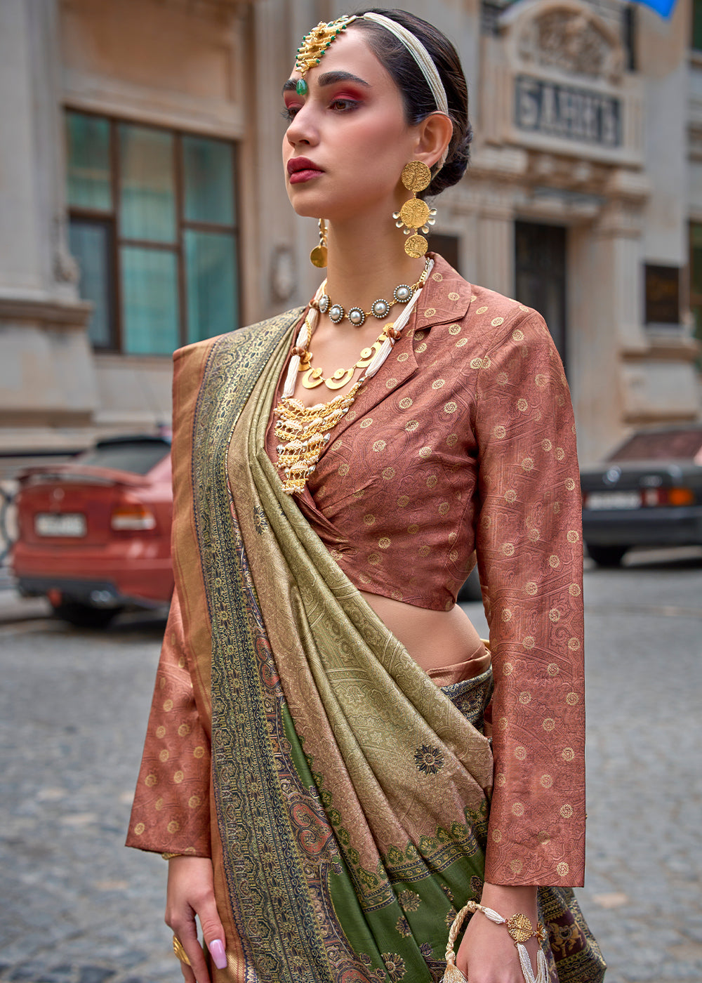 Green & Brown Foil Print Viscose Silk Saree with a Stunning Apoxy Finish