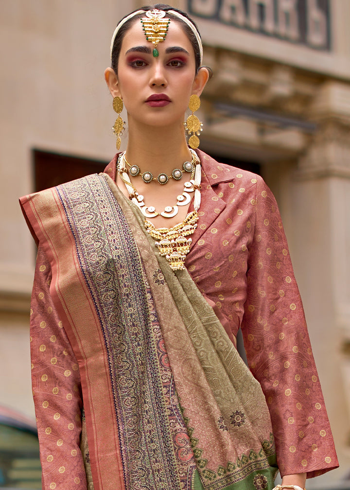 Green & Brown Foil Print Viscose Silk Saree with a Stunning Apoxy Finish