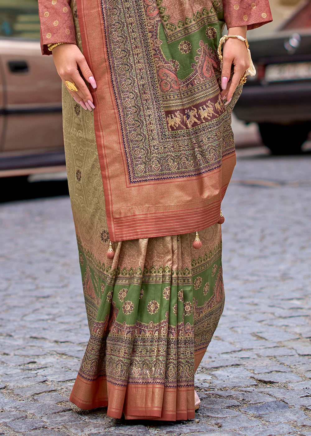 Green & Brown Foil Print Viscose Silk Saree with a Stunning Apoxy Finish