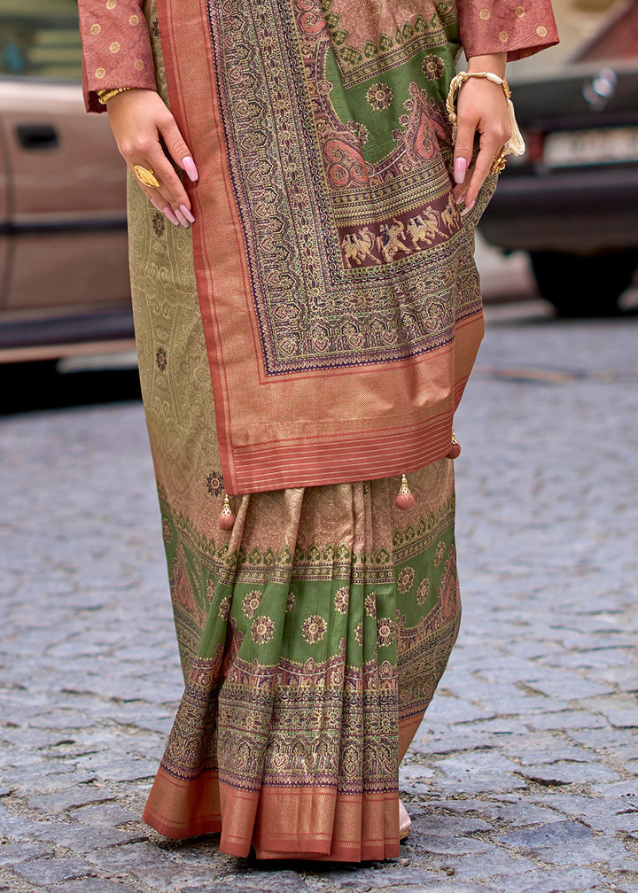 Green & Brown Foil Print Viscose Silk Saree with a Stunning Apoxy Finish